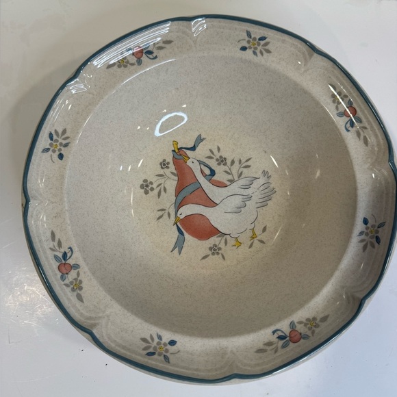 Vintage International Stoneware Bowl Goose Fruit Flowers Ribbon Beige Blue Pink - Picture 1 of 8